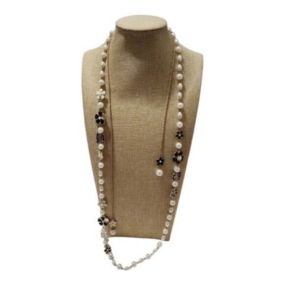 Treska Gold Faux Pearl Enamel Flower Long Station Necklace Black White Floral